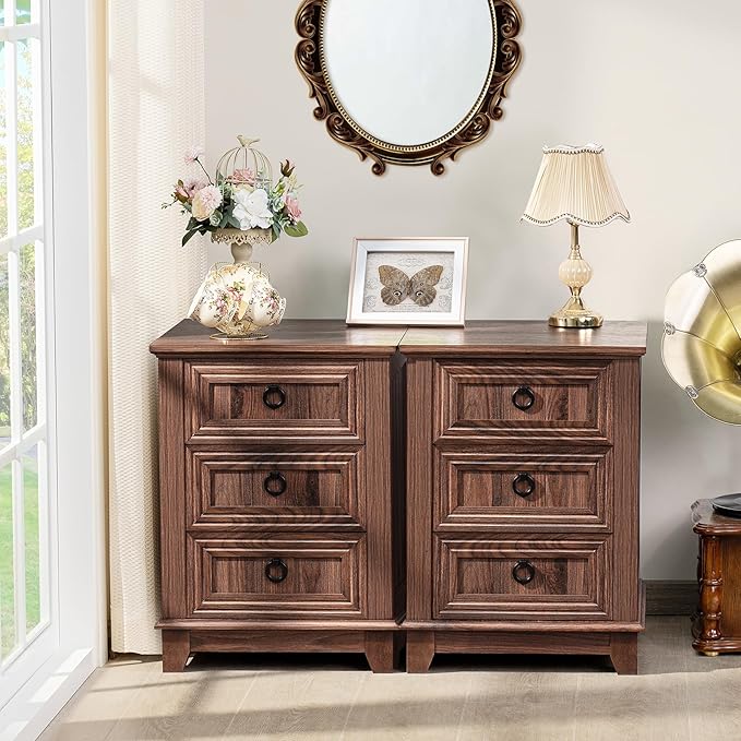 Farmhouse Night Stand Set of 2, 18" End Table with 3 Drawer Metal Handle, Dresser for Bedroom, Sofa Bed Side Table Chest of Drawers,Wood Nightstand Cabinet for Organizer, Living Room-Brown
