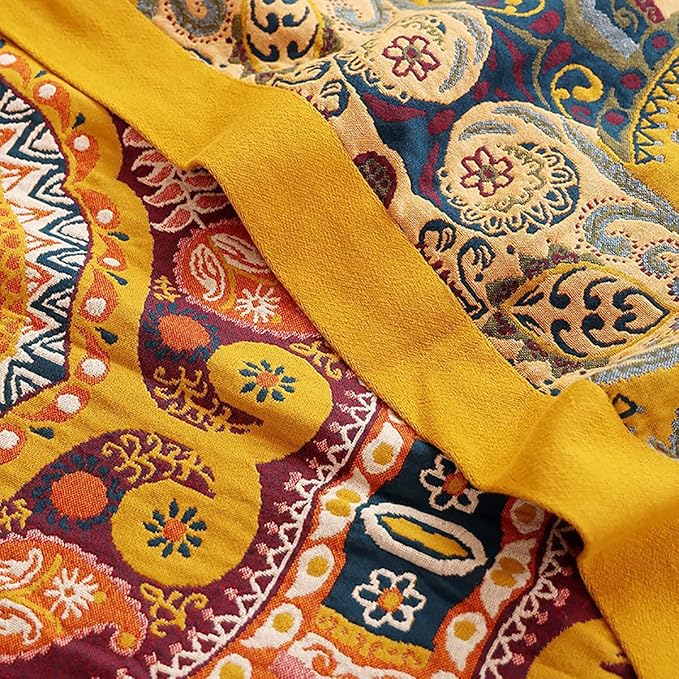 Boho Muslin Blanket for Adults 4-Layer Gauze Twin Size Soft Cozy 100% Cotton Summer Cooling Blanket Floral Decor for Sofa Bed Coverlet Both Sides (A Boho Figure Orange, Twin 60 x 80 in)