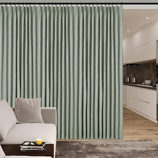 Fog Green Pinch Pleat 100% Blackout Drapes Linen Blend, Room Divider, Room Darkening, Energy Saving, Furniture Protecting, Light Blocking Extra Wide Privacy Curtains, 200Wx108L, 1 PC