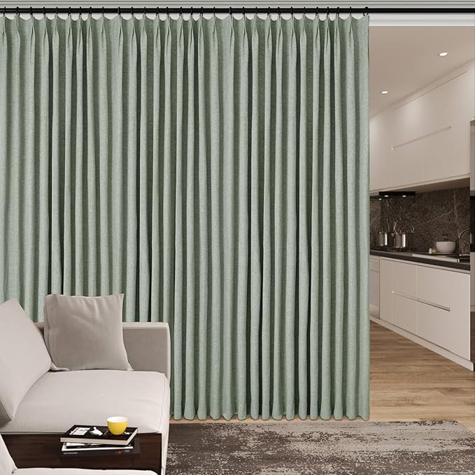 120" Wx102 L Linen Room Divider Drapes for Doorway/Glass Window/Sliding Door/Patio, Extra Wide Pinch Pleated Full Blackout Curtains for Girls Boys Teen Kids Room, 1 Panel, Fog Green