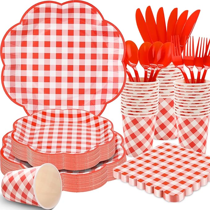 350 Pcs Red Gingham Plates and Napkins Party Supplies - Red and White Checkered Plates Sets Serve 50 Guests - Scalloped Gingham Paper Plate for Birthday Picnic Wedding Christmas Party Decorations