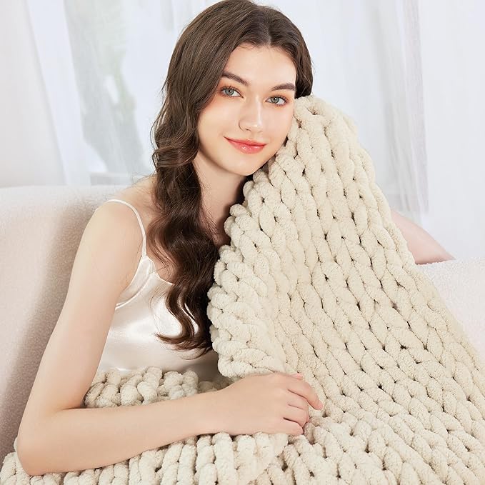 Admitrack Chunky Knit Blanket Throw, 100% Hand Knit Chenille Throw Blanket for Sofa & Home Decor, Soft and Cozy Knitted Throw Blankets (Ivory, 60""x80""), XNR09