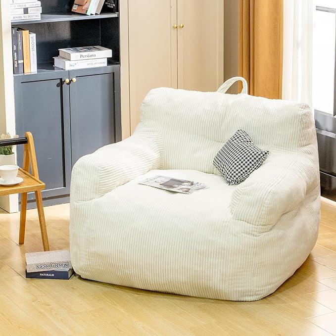 Bean Bag Chair for Adults - Faux Fur, Fluffy and Comfy with Filler, Big Sofa for Reading, Gaming (Beige, Oversize)