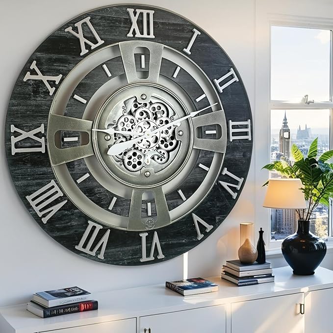 The Gears Clock Real Moving Gear Wall Clock England Line (Vintage Black, 36 inches (90 cm))