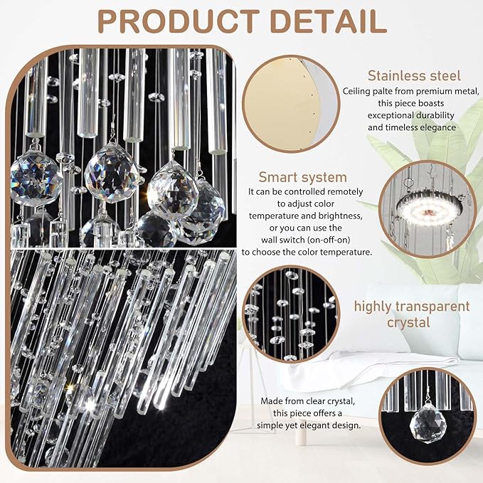 Flashing God D24''XH86'' Modern Foyer Chandelier for High Ceiling Raindrop Crystal Chandelier High Ceiling Pendant Light Fixture for Hallway Living Room (Gold Staircase Chandeliers)