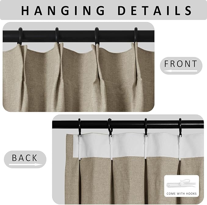 Macochico Pinch Pleated Blackout Curtains 102 Inches Long 100% Blackout Natural Linen Drapes for Bedroom Living Room Windows Farmhouse Burlap Curtains with Tieback 52”Wx102”L Light Khaki 1 Panel