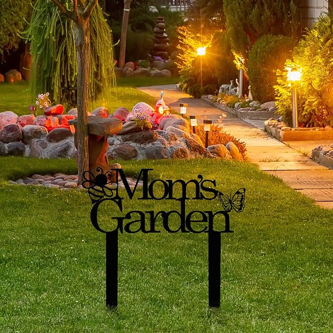 Custom Patio Meta Sign with Stake, Bee and Butterfly Decoration, Farmhouse Yard Art - Personalized Gardener Name, Gift for Mom & Grandma
