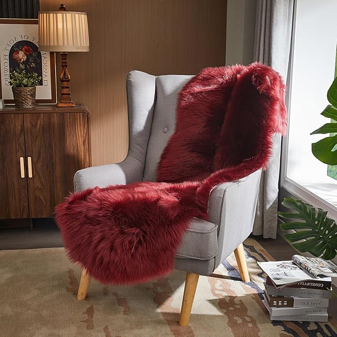 AMTOVO Faux Sheepskin Rug, Burgundy Ultra Soft Fluffy Shag Area Rug, 2 x 6 ft Faux Fur Rug for Bedroom Sofa Throw Cushion Room Decor, Sheepskin
