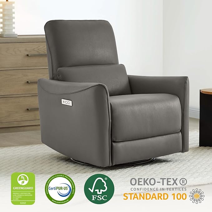 CHITA Power Recliner Chair Swivel Glider, FSC Certified Upholstered Faux Leather Living Room Nursery Reclining Sofa Chair with Lumbar Support, Charcoal