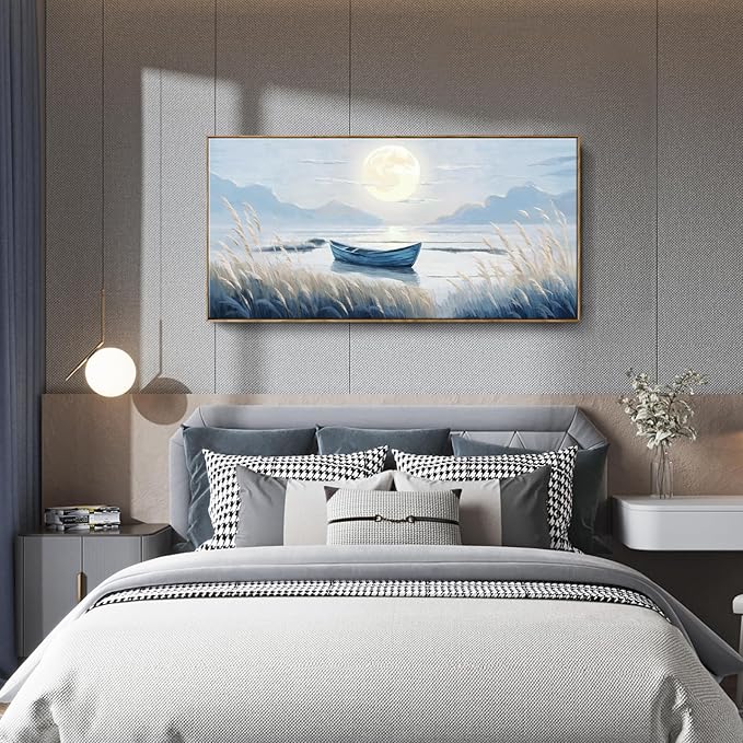 amatop Oversized Framed Coastal Wall Art for Living Room Blue Boat Moon Sea Picture Landscape Canvas Print Calming Night Ocean Lake Scene Large Artwork Nautical Bedroom Office Wall Decor 58x29 In