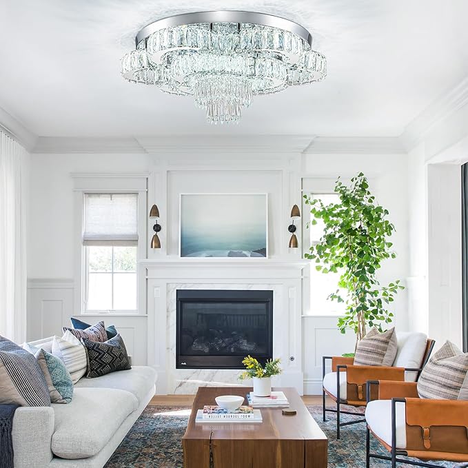 21 Inch Crystal Chandeliers with Remote Control LED Chandelier Modern Mount Flush Mount Chandelier Ceiling Light Fixtures for Bedroom Living Room Dining Room(Dimmable)