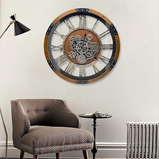 DORBOKER 24" Original Moving Gears Wall Clock, Large Industrial Wall Clock for Living Room Decor, Retro Wood Vintage Farmhouse Steampunk Rustic Clocks for Wall Decor,Brown Nanmu