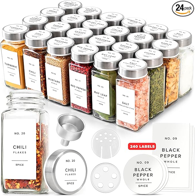 Glass Spice Jars with Label and Stainless Steel Lids (24 x 4oz) Spice Containers with 240 Labels, Shaker Inserts, Steel Funnel, Empty Square Empty Square Seasoning Organizer (White)
