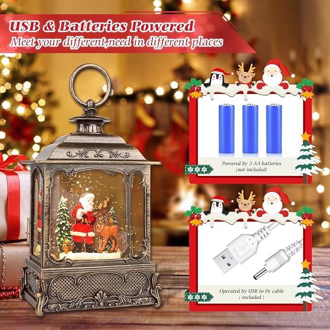 Christmas Snow Globes,Christmas Decorations for Home,with 6 Hour Timer,Musical Snow Globe,Battery Or USB Powered,Christmas Lantern,Christmas Festival Decor, Santas Reindeer
