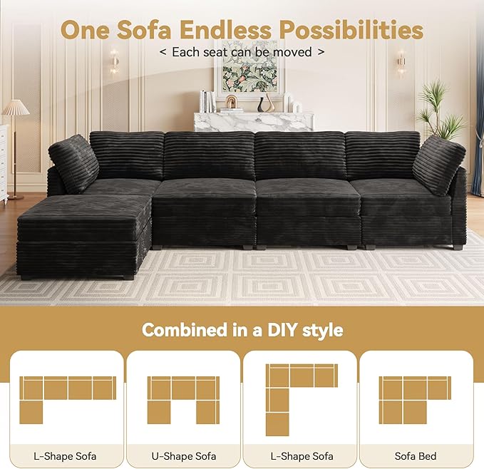 Modular Sectional Sofa with Chaise U Shaped Sectional Couch for Living Room, 5-Seater Comfy Cloud Couches with One Movable Ottoman, Plush Corduroy, Black