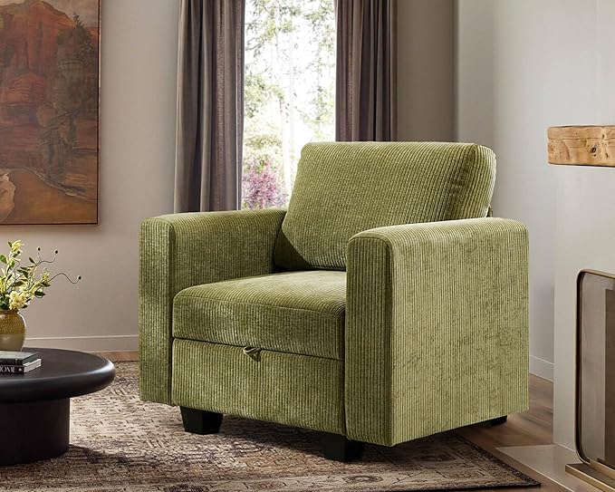 38.5 Oversized Accent Chair with Storage Green Corduroy, Single Modern Accent Sofa Chair with Arms for Apartment Living Room (21" Deep Seat)