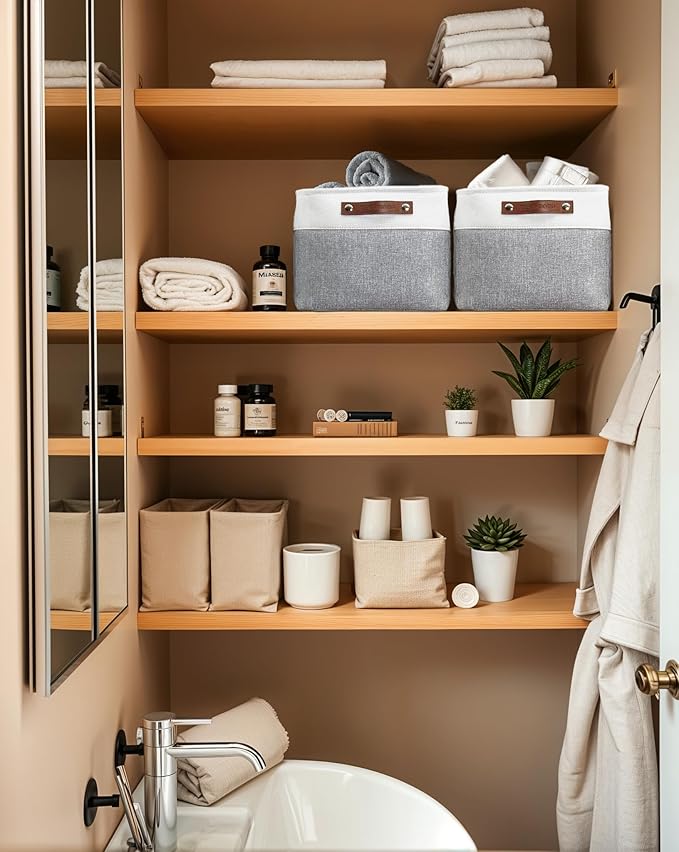 DECOMOMO Storage Bins Fabric Storage Baskets for Shelves, Linen Closet Organization Toys Nursery (Grey and White, Large - 1 Pack)