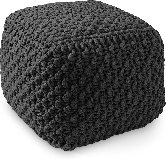 Casafield Square Pouf Ottoman, Black - 18.5" W x 18.5" D x 14.5" H Cotton Knit Foot Stool - Boho Floor Pouffe for Living Room, Bedroom, Home Office