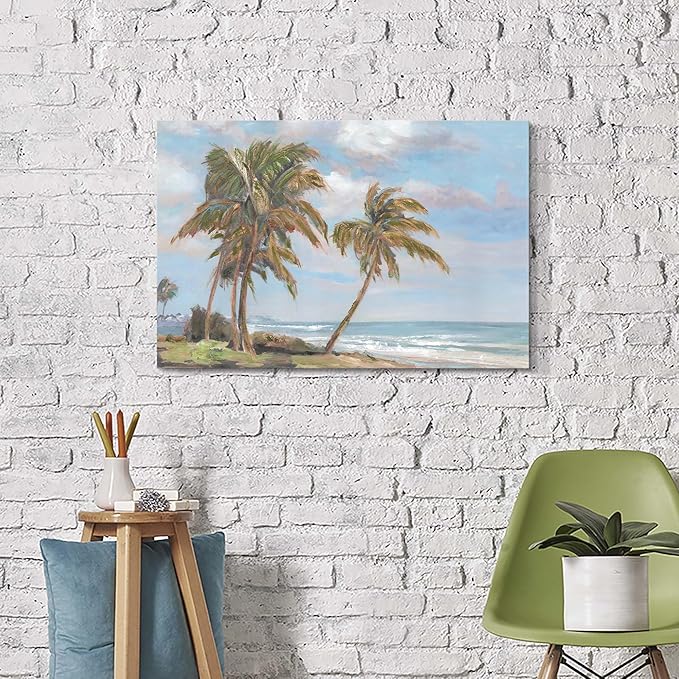 cozy country Palm Tree Wall Art 36"x24" - Coastal Pictures Beach Canvas Ocean Decor - Nautical Artwork Seascape Hand Painting for Bedroom, Sea House