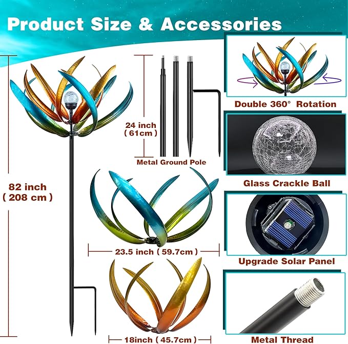 82" Vibrant Multicolor Solar Tulip Large Wind Spinner - Outdoor Garden Decor with Auto-Illuminated Glass Orb for Patio, Lawn & Yard Decoration