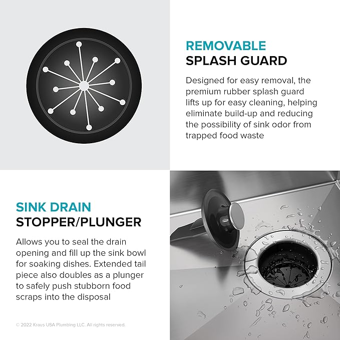 KRAUS WasteGuard 1/3 HP Ultra-Quiet Garbage Disposal with Quick Connect, Kitchen Sink Drain Cover, Power Cord and Flange Included, KWD100-33MBL