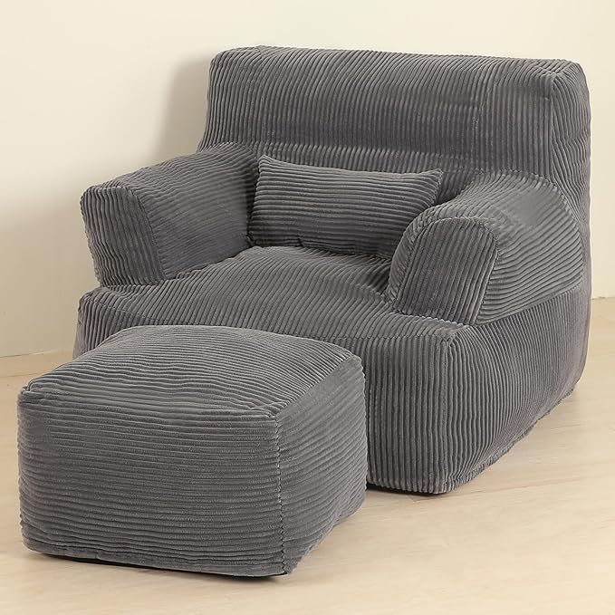 Comfy Gaint Bean Bag Chair with Ottoman, Huge Bean Bag Armchair for Adults and Teens, Dark Grey