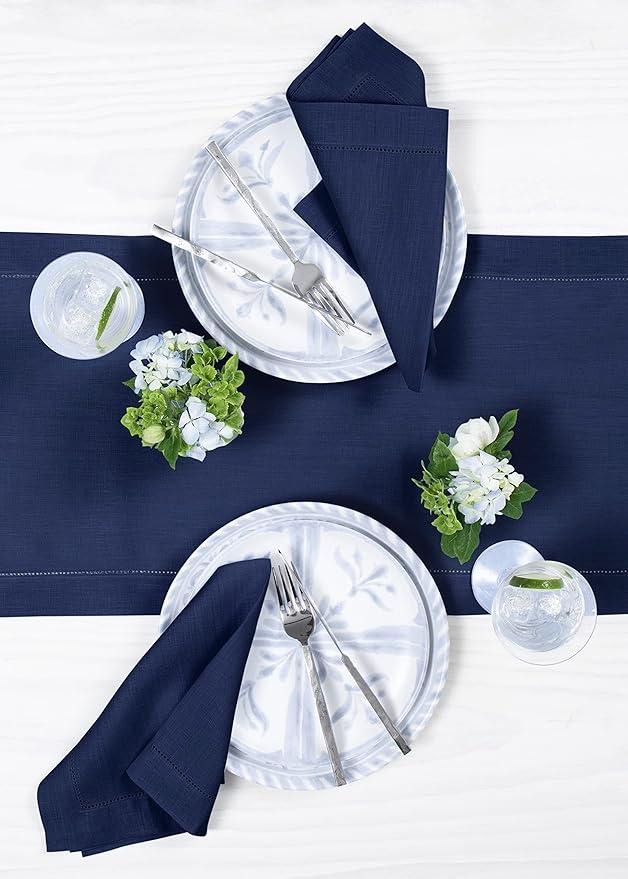 Solino Home Linen Navy Table Runner 108 Inches Long - 100% Pure Linen 14 x 108 Inch Table Runner for Fall, Autumn, Thanksgiving - Classic Hemstitch