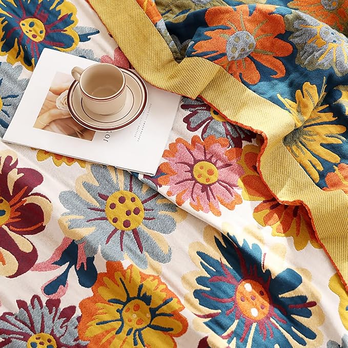 Boho Muslin Blanket for Adults 4-Layer Gauze 80 x 90 Inches Soft Cozy 100% Cotton Summer Cooling Blanket Floral Decor for Sofa Bed Coverlet Both Sides (Daisy Floral, 80 x 90 in)