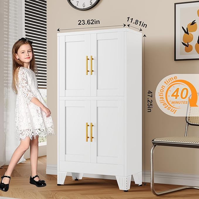 47.25" Metal Pantry Cabinet, Storage Cabinets with 4 Door and 2 Adjustable Shelves, White Bathroom Cabinet, Freestanding Cupboard for Kitchen Dining Living Room Bathroom