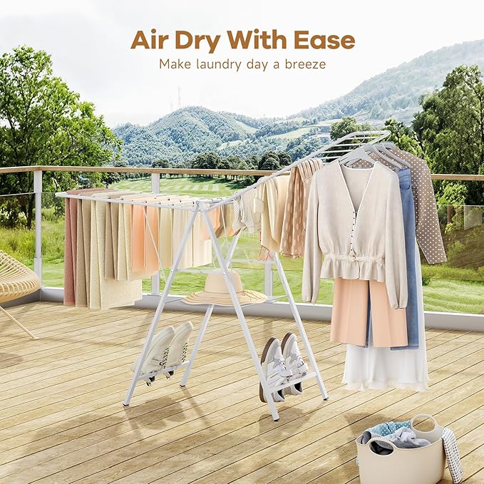APEXCHASER Drying Rack for Clothing Foldable, Metal Laundry Rack Collapsible, Ultra Thin Gullwing Clothes Airer with Adjustable Height for Towel Baby Clothes Indoor Outdoor Laundry Room, White