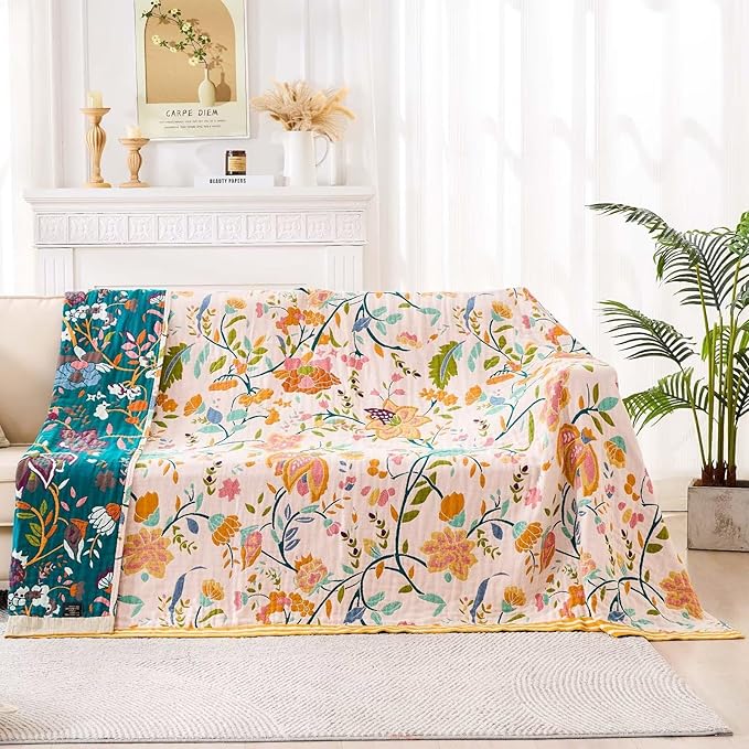 Boho Throw Blanket for Bed, 100% Cotton Soft Rustic Quilt Fall Blanket, 50"x60" Yellow Floral Printed Farmhouse Decor Bed Blankets, All Season Rustic Reversible Bohemian Throw Quilt