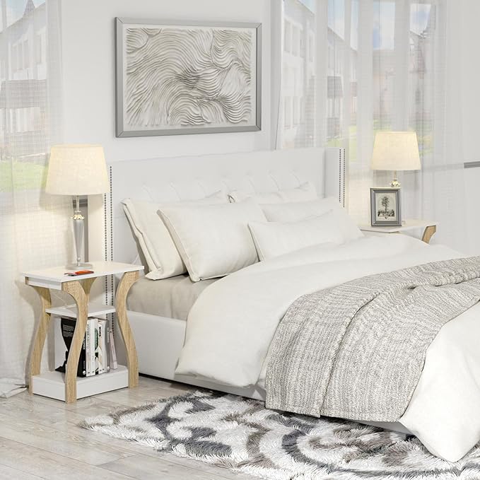 End Table with Charging Station, Side Table with USB Ports and Outlets, Nightstand, 3 Tier End Table with Storage Shelf for Living Room, Bedroom (White)