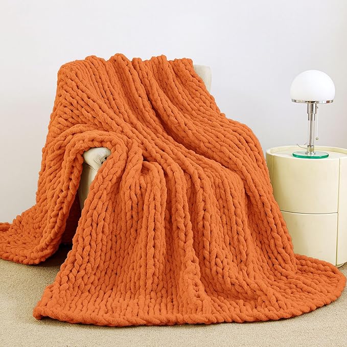 Admitrack Chunky Knit Blanket Throw, 100% Hand Knit Chenille Throw Blanket for Sofa & Home Decor, Soft and Cozy Knitted Throw Blankets (Orange, 51"x63")