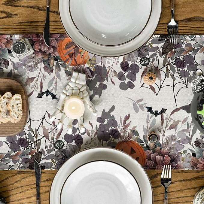 Artoid Mode Jack-O'-Lantern Pumpkin Floral Ghost Halloween Table Runner, Eucalyptus Kitchen Dining Table Decoration for Home Party Decor 13x60 Inch