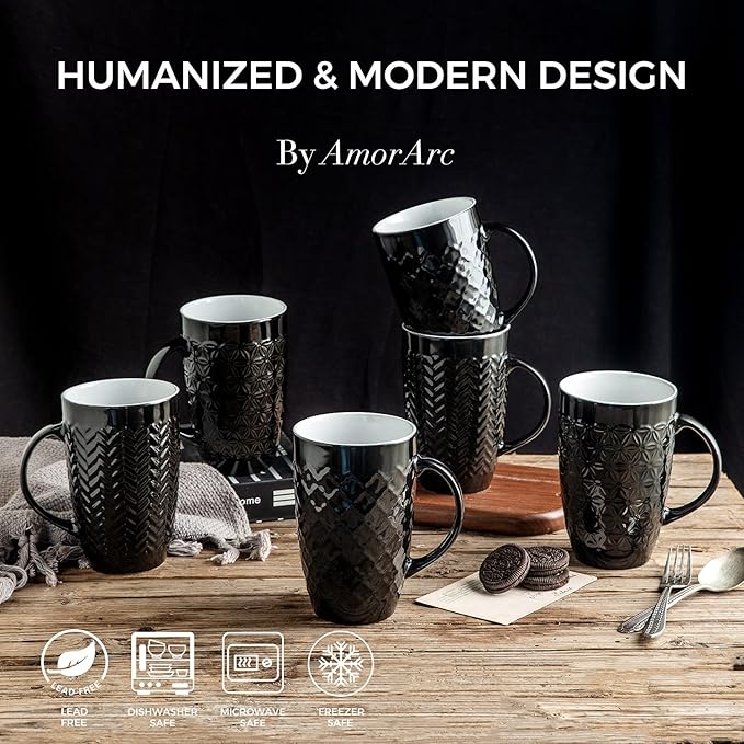 AmorArc Large Coffee Mugs Set of 6, 20oz Ceramic Tall Coffee Mugs Set with Textured Geometric Patterns for Latte/Tea/Beer/Hot Cocoa, Dishwasher & Microwave Safe, Black