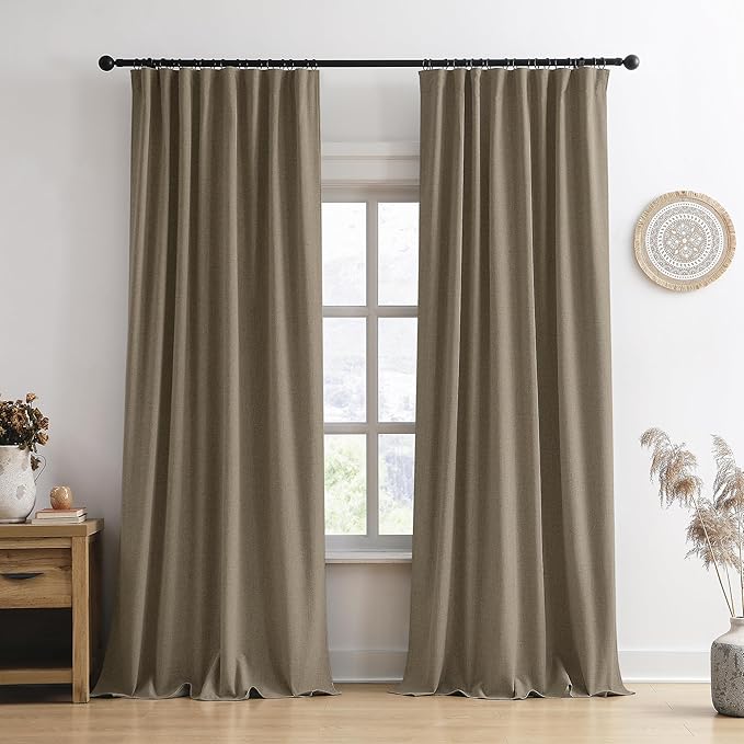 RAIN CITY Extra Wide Blackout Curtains 102 Inches Long 2 Panels Set,70 Inch Wide Back Tab Pleated Curtains with Hooks Track System,Energy Efficinet Drapes for Living Room Farm 70x102,Linen Brown