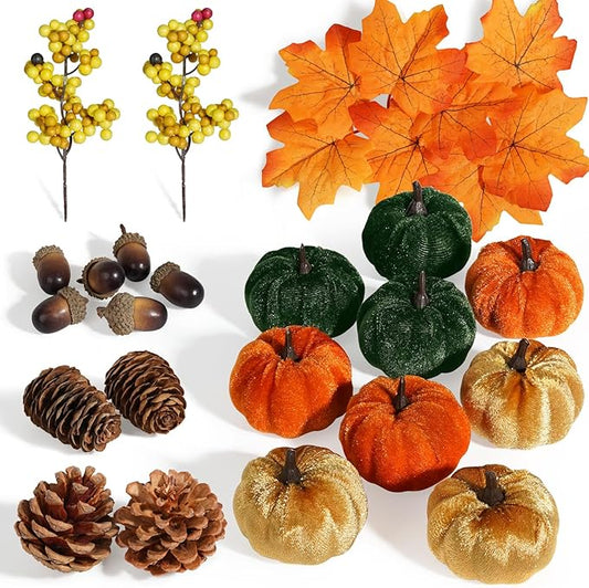 Artmag Fabric Pumpkins Set Decor, 25 PCS Fall Artificial Maple Leaves, Harvest Pumpkins, Acorns, Pine Cones and Orange Berry Stems Decorations for Fall Thanksgiving Table Home
