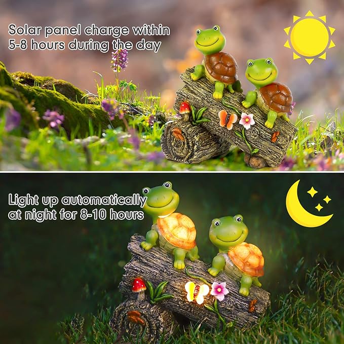 Garden Turtle Figurines Outdoor Decorations, Solar Powered Sweet Frog Face Turtles Resin Statue with 4 LED Lights, Garden Art Spring Fall Winter Christmas Decor for Patio Lawn Yard