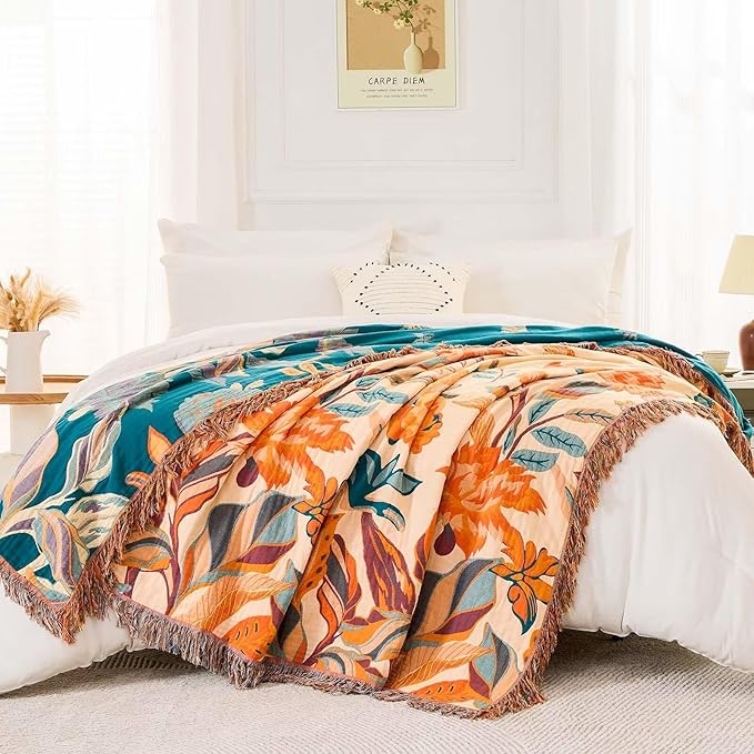 Boho Throw Blanket for Bed, 100% Cotton Soft Rustic Quilt Fall Blanket, 90"x98" Floral Printed Farmhouse Decor Bed Blankets, All Season Rustic Reversible Bohemian Throw Quilt