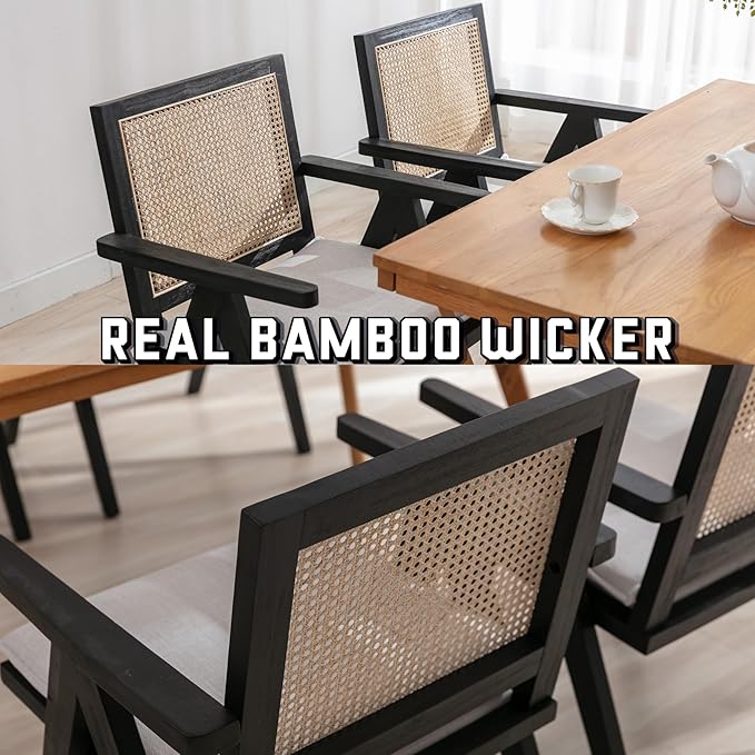 Rattan Dining Chairs Set of 6, Farmhouse Wicker Dining Chairs with Removable Linen Cushion Accent Cane Armchair for Dining Room Kitchen Restaurant, Black