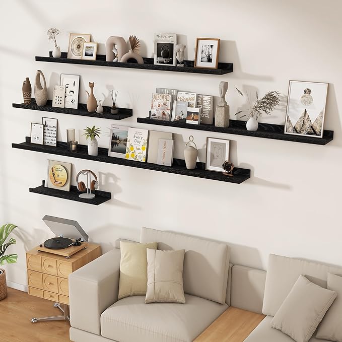 Floating Picture Ledge Shelves 55 Inch Solid Oak Wood Set of 2, Rustic Wall Storage Shelves with Lip, Kids Bookshelf, Photo & Picture Ledge Shelves for Bedroom, Living Room, Kitchen