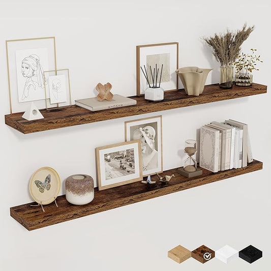 Floating Shelves for Wall, 48 Inch Floating Shelves for Home Decor, Wall Mounted Rustic Wood Shelves, Bathroom, Hanging Deep Shelf for Bedroom, Living Room, Kitchen (Rustic Brown, Set of 2)