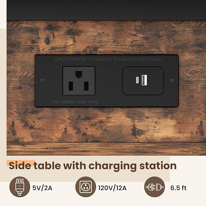 End Table with Charging Station, Flip Top Side Table with USB Ports and Outlets, 3-Tier Small Side Table with Storage for Small Space, End Tables for Living Room/Bedroom, Brown