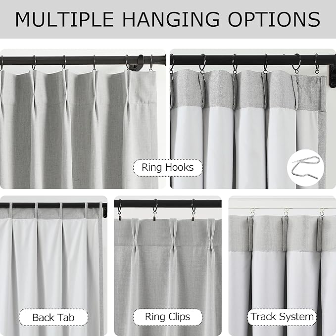 Vision Home Light Gray Pinch Pleated Full Blackout Curtains Linen Blended Room Darkening Curtain Panels 95 inch for Living Room Bedroom Thermal Insulated Pinch Pleat Drapes with Hooks 8FT 40"Wx95"Lx2