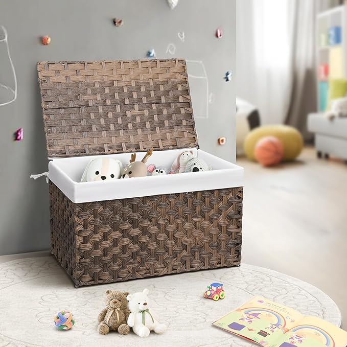 Wicker Storage Basket with Lid, 42.3 Gallon (160L) Large Blanket Basket with Lid, Woven Storage Bin with Handles, Removable Liner, Metal Frame, Foldable, for Bedroom, Laundry Room, Brown