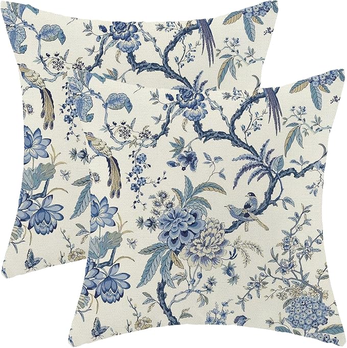 CXMEIFLY Spring Floral Birds Pillow Covers 16 x 16 Inch Set of 2 for Chinoiserie Flowers Decor Throw Pillows Blue and White Plant Outdoor Decorative Cushion Cases for Couch Bed Decorations