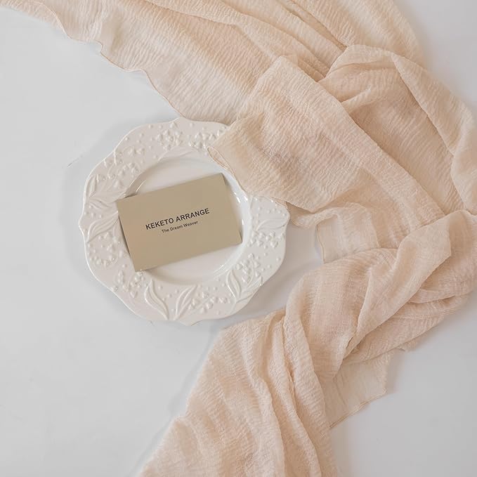 Beige Gauze Rustic Cheesecloth Table Runner 120 Inch 10 FT for Wedding Baby Shower Bridal Shower Birthday Engagement Garden Outdoor Party Long Sheer Boho Decorations