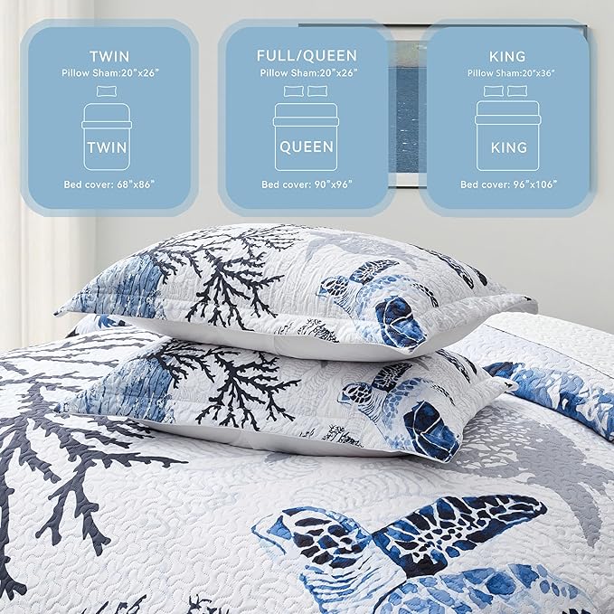 Coastal Bedding California King Size Coastal Quilt with 2 Shams, Nautical Beach Comforter Sets Ocean Bedspreads Blue Seaturtle Coverlet Summer Bedding, 106''x118''