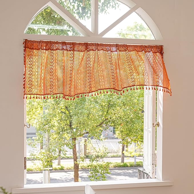 Sutuo Home Boho Valance Short Curtains for Kitchen Crochet Lace Sheer Bohemian Hollow Knitted with Tassels, Privacy Vintage Rustic Farmhouse Drapes, Rod Pocket 1 Panel 59" W x 18" L, Orange