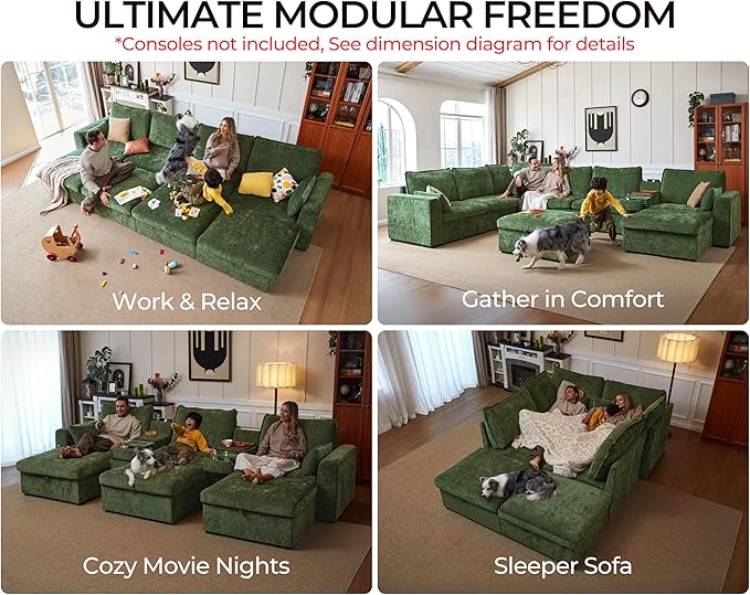 Oversized Modular Sofa Comfy Cloud Couch with Storage, Extra Deep Plush Sectional Sofa Set for Living Room, Covers Washable, Chenille, Olar (Green, 6-Seater with 2 Ottomans, u-Shaped)